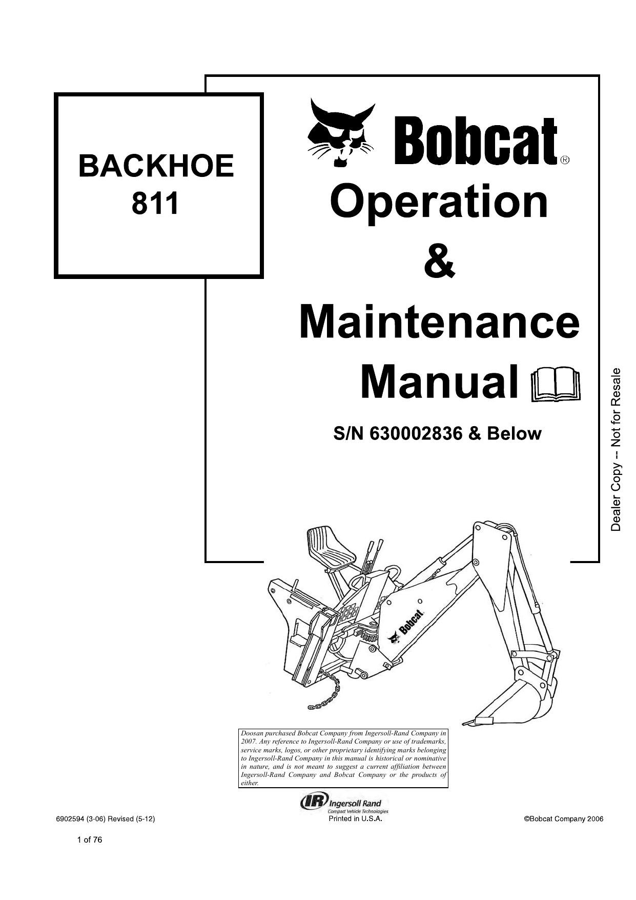 811 BACKHOE Operation & Maintenance Manual Bobcat